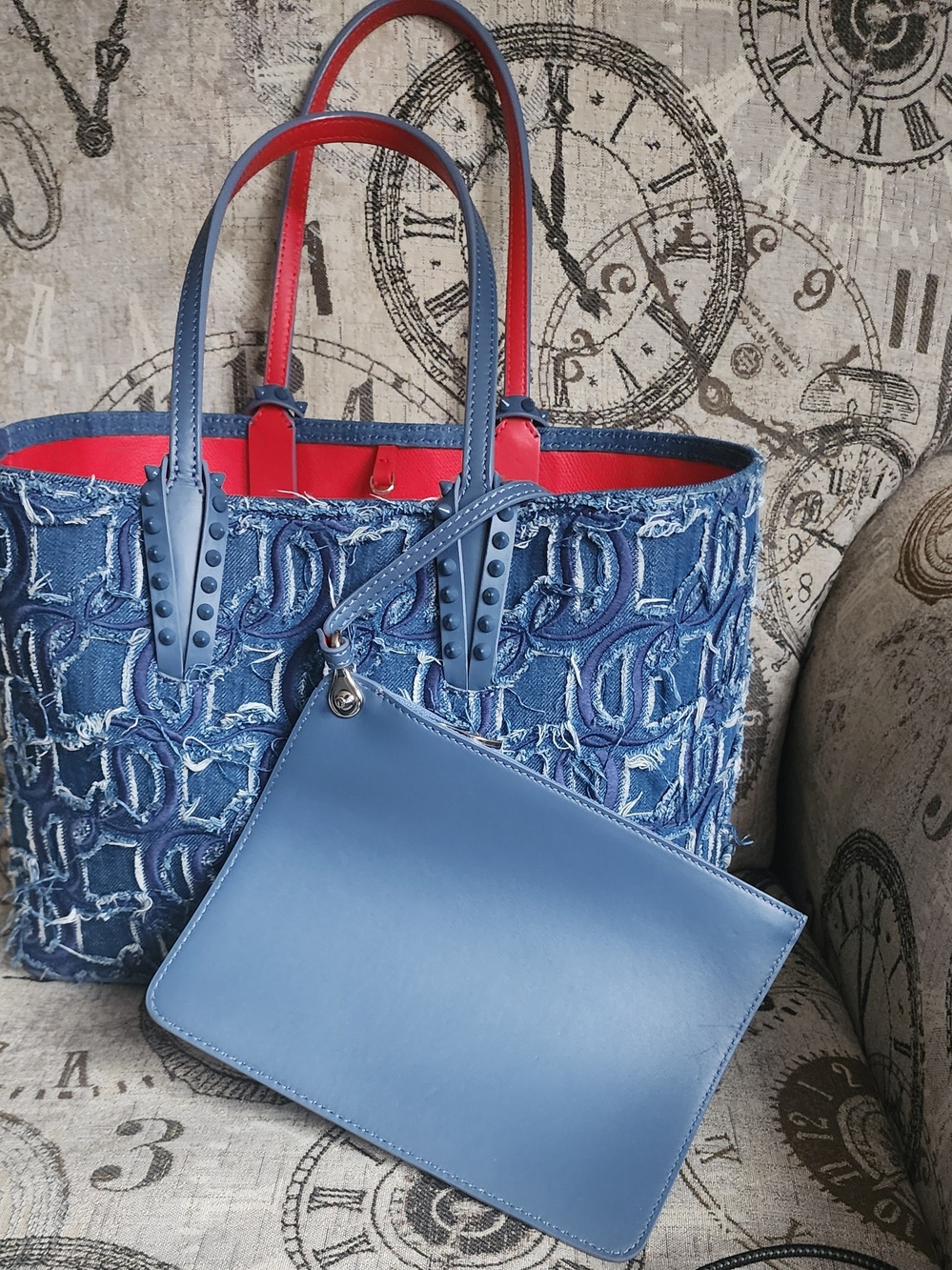 Christian Louboutin Nwot Blue Denim Tote Bag with Removable Pouch And Dust Bag